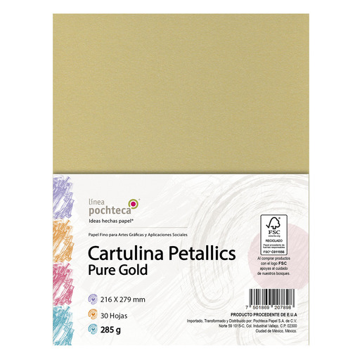 Cartulina Petallics Gold 285 g/m² POCHTECA tamaño carta, 30 hojas. Cartulina premium con acabado metálico dorado, ideal para invitaciones de lujo, tarjetas de presentación, certificados y proyectos de diseño de alta gama.