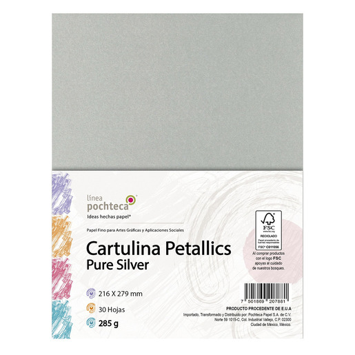 Cartulina Petallics Silver 285 g/m² POCHTECA tamaño carta, 30 hojas. Cartulina premium con acabado metálico plateado, ideal para invitaciones de lujo, tarjetas de presentación, certificados y proyectos de diseño de alta gama.