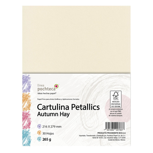 Cartulina Petallics Autumn 265 g/m² POCHTECA tamaño carta, 30 hojas. Cartulina premium con acabado metálico en tono otoñal, ideal para invitaciones de lujo, tarjetas de presentación, certificados y proyectos de diseño de alta gama.
