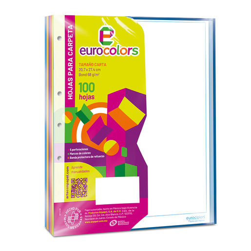 Hojas para carpeta EUROCOLOR blanca sin pauta, arcoíris (5 colores), 76 g/m², 100 hojas. Perforadas y listas para insertar en cualquier carpeta de argollas. Calidad uniforme hoja por hoja.