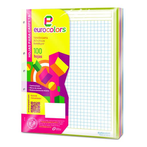 Hojas para carpeta EUROCOLOR cuadro grande, arcoíris (5 colores), 76 g/m², 100 hojas. Perforadas y listas para insertar en cualquier carpeta de argollas. Calidad uniforme hoja por hoja.