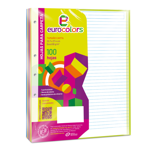 Hojas para carpeta EUROCOLOR con líneas, arcoíris (5 colores), 76 g/m², 100 hojas. Perforadas y listas para insertar en cualquier carpeta de argollas. Calidad uniforme hoja por hoja.