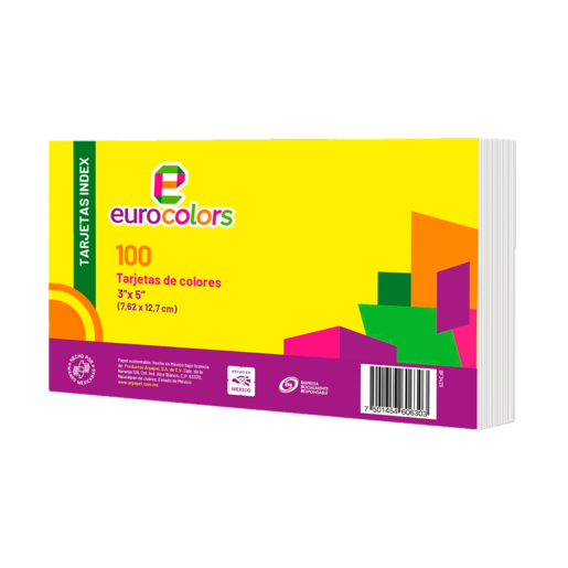 Fichas blancas EUROCOLOR tamaño 3x5 pulgadas, paquete de 100 unidades. Cartoncillo de alta calidad ideal para organizar información, estudiar con el método de tarjetas, hacer índices y resúmenes.