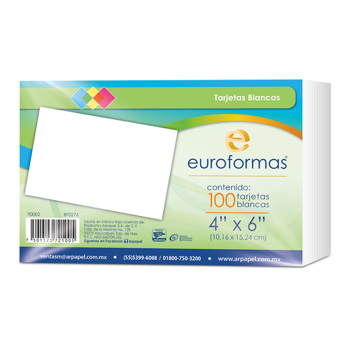 Fichas blancas EUROCOLOR tamaño 4x6 pulgadas, paquete de 100 unidades. Cartoncillo de alta calidad ideal para organizar información, estudiar con el método de tarjetas, hacer índices y resúmenes.