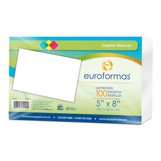 Fichas blancas EUROCOLOR tamaño 5x8 pulgadas, paquete de 100 unidades. Cartoncillo de alta calidad ideal para organizar información, estudiar con el método de tarjetas, hacer índices y resúmenes.