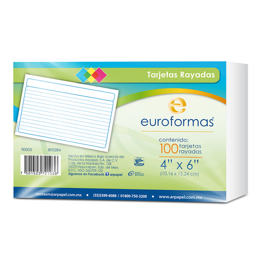 Fichas rayadas EUROCOLOR tamaño 4x6 pulgadas, paquete de 100 unidades. Cartoncillo de alta calidad ideal para organizar información, estudiar con el método de tarjetas y hacer resúmenes ordenados.
