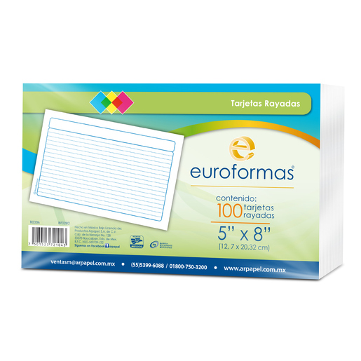 Fichas rayadas EUROCOLOR tamaño 5x8 pulgadas, paquete de 100 unidades. Cartoncillo de alta calidad ideal para organizar información, estudiar con el método de tarjetas y hacer resúmenes ordenados.