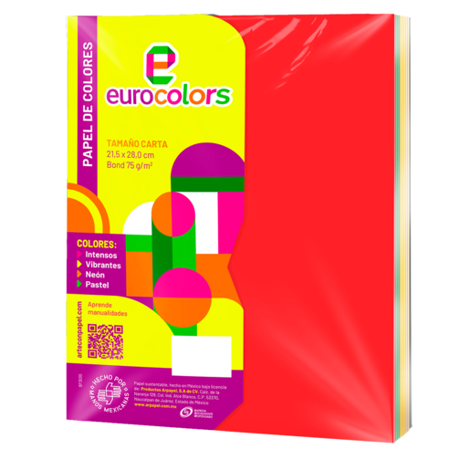 Papel bond festivo EUROCOLOR en 5 colores, 100 hojas. Paquete multicolor con diseños temáticos festivos únicos. Ideal para proyectos creativos, decoración e impresiones especiales.