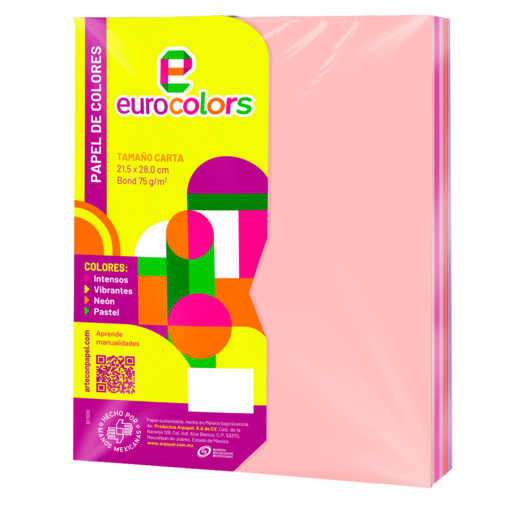 Papel bond girly EUROCOLOR en 5 colores, 100 hojas. Paquete multicolor con diseños temáticos femeninos únicos. Ideal para proyectos creativos, decoración e impresiones especiales.