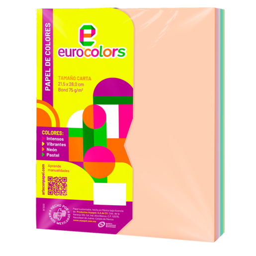 Papel bond candy EUROCOLOR en 5 colores, 100 hojas. Paquete multicolor con diseños temáticos dulces y coloridos. Ideal para proyectos creativos, decoración e impresiones especiales.