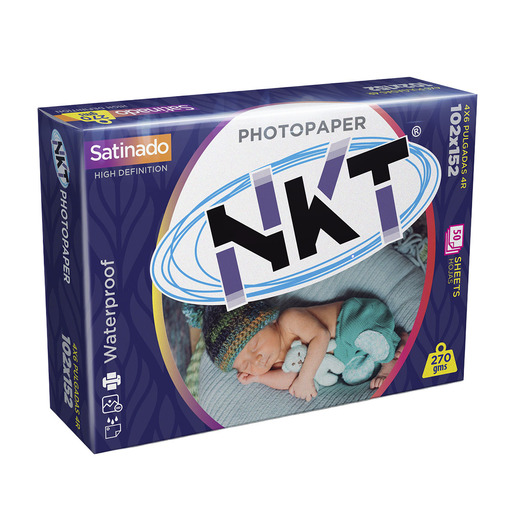 Papel fotográfico NKT 4x6 pulgadas, 270 g/m², acabado satinado, 50 hojas. Alto gramaje con acabado satinado para fotografías de calidad profesional. Colores precisos y duraderos.