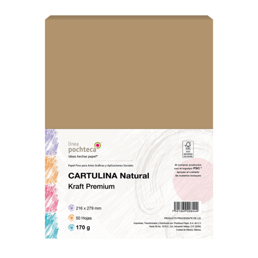 Papel cartulina kraft 170 g/m² POCHTECA tamaño carta, 50 hojas. Cartulina kraft resistente con acabado artesanal, ideal para empaques, manualidades, menús y proyectos con estilo natural y ecológico.