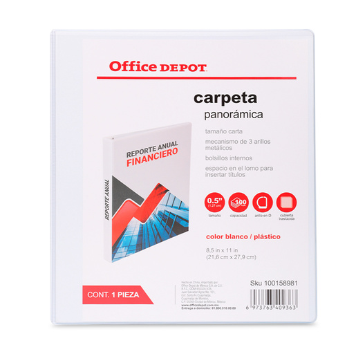 CARPETA, OFFICE DEPOT 3 ARILLOS EN "D", TAMAÑO CARTA, 0.5 PULG, BLANCA