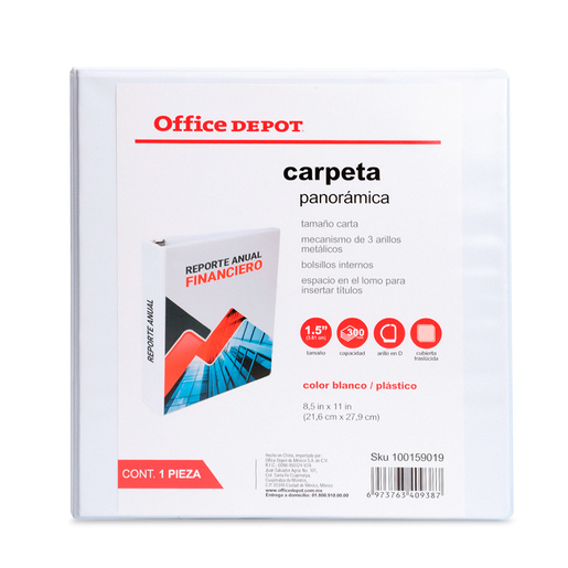 CARPETA, OFFICE DEPOT 3 ARILLOS EN "D", TAMAÑO CARTA, 1.5 PULG, BLANCA