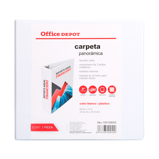 CARPETA, OFFICE DEPOT 3 ARILLOS EN "D", TAMAÑO CARTA, 3.0 PULG, BLANCA