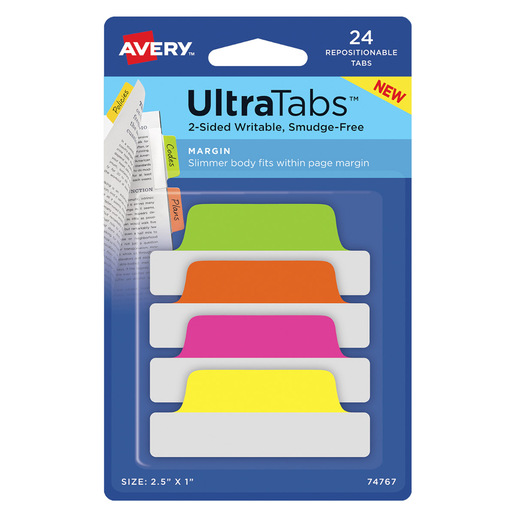 ULTRA TABS MARGIN COLORES NEÓN 6.3 X 2.5CM PAQ 24 PZAS