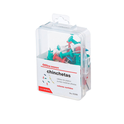 Pins de colores Office Depot, caja con 100 unidades en colores rojo, amarillo, azul, verde y blanco. Punta de acero afilada para fácil inserción en tableros de corcho. Cabeza plástica de fácil agarre.