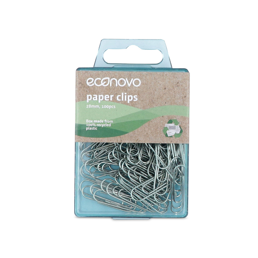 Clips Econovo de 28 mm, caja con 100 unidades. Caja fabricada con 100% plástico reciclado. Clips metálicos resistentes y flexibles. Línea eco-amigable comprometida con el medio ambiente.