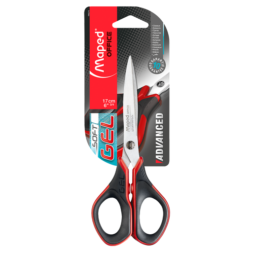 Tijera Maped Advanced Gel de 17 cm. Mangos con insertos de gel que proporcionan agarre cómodo y antideslizante. Hojas de acero inoxidable para cortes precisos. Ideal para uso prolongado en oficina.