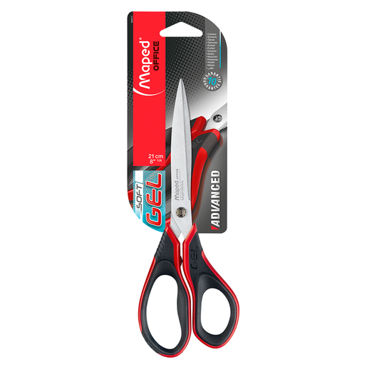 Tijera Maped Advanced Gel de 21 cm. Mangos con insertos de gel para agarre cómodo y antideslizante. Hojas de acero inoxidable de mayor tamaño para cortes amplios. Ideal para oficina y manualidades.