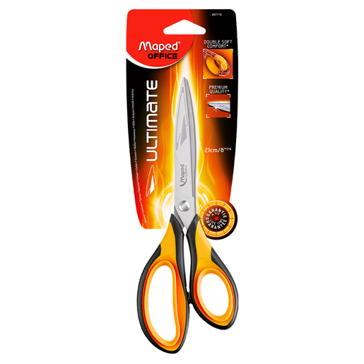 Tijera Maped Ultimate de 21 cm. Línea premium con hojas de acero inoxidable de alta calidad. Tamaño grande para cortes amplios. Mangos ergonómicos con diseño simétrico. Uso profesional.