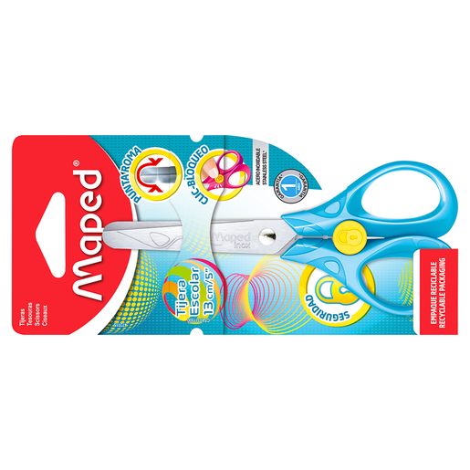 Tijera Maped Security 3D de 13 cm. Diseño de seguridad con hojas 3D y punta redondeada para protección total. Ideal para niños pequeños que están aprendiendo a cortar. Mangos ergonómicos adaptados a manos infantiles.