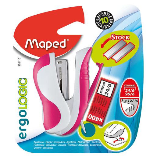 Engrapadora Maped Ergo Mini. Diseño ergonómico en tamaño mini para llevar a cualquier lugar. Compatible con grapas No. 10. Liviana y práctica. Ideal para escuela, oficina y viajes.