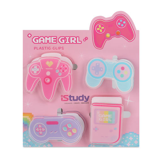 Clips plásticos iStudy con concepto Gamer Girl. Diseño temático y colorido de la línea Gamer Girl. Fabricados en plástico resistente. Ideales para organizar documentos con estilo.