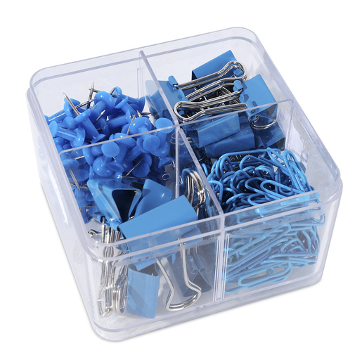 Set Clip & Pin iOffice azul con 224 unidades. Incluye: 6 sujeta documentos de 25 mm + 18 sujeta documentos de 19 mm + 120 clips de 28 mm + 80 push pins. Todo lo esencial para organizar en un solo paquete.
