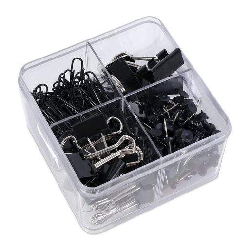 Set Clip & Pin iOffice negro con 224 unidades. Incluye: 6 sujeta documentos de 25 mm + 18 sujeta documentos de 19 mm + 120 clips de 28 mm + 80 push pins. Presentación elegante en negro.