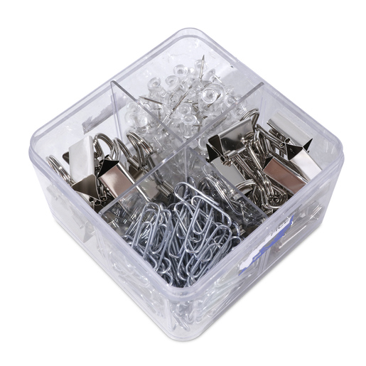 Set Clip & Pin iOffice plateado con 224 unidades. Incluye: 6 sujeta documentos de 25 mm + 18 sujeta documentos de 19 mm + 120 clips de 28 mm + 80 push pins. Acabado plateado profesional.