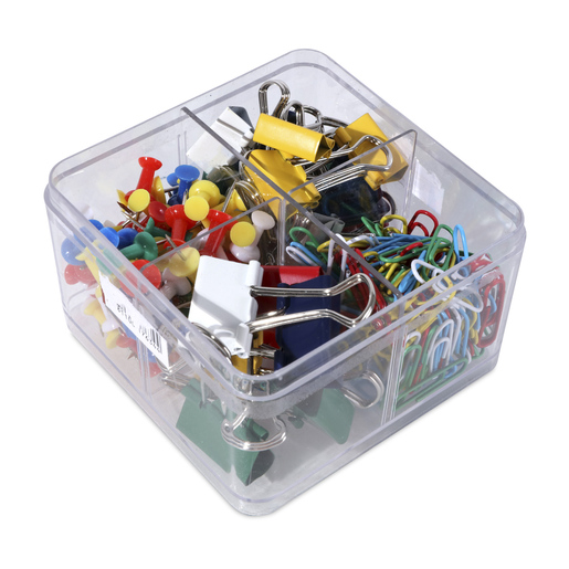 Set Clip & Pin iOffice clásico con 224 unidades. Incluye: 6 sujeta documentos de 25 mm + 18 sujeta documentos de 19 mm + 120 clips de 28 mm + 80 push pins. Colores básicos y clásicos.