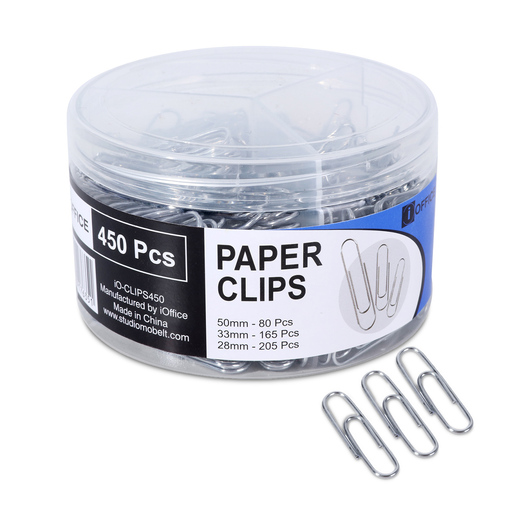 Clips plateados iOffice, tubo con 450 unidades en tamaños surtidos. Contiene: 80 clips de 50 mm + 165 clips de 33 mm + 205 clips de 28 mm. Variedad de tamaños para distintas necesidades de oficina.