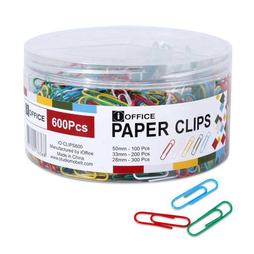 Clips de colores iOffice, paquete con 600 unidades en tamaños surtidos. Contiene: 100 clips de 50 mm + 200 clips de 33 mm + 300 clips de 28 mm. Colores variados para organización visual.