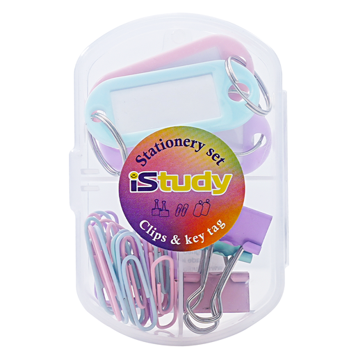 Set de clips iStudy colores pastel. Incluye: 3 ganchos de 19 mm + 20 clips de 18 mm + 3 nombra etiquetas. Colores pastel modernos para organizar documentos con estilo. Ideal para escuela y oficina.