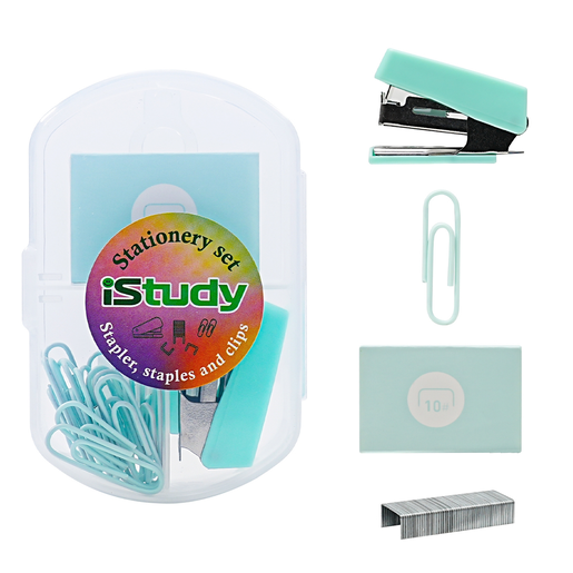 Mini engrapadora iStudy en colores pastel surtidos (verde menta, morado, rosado). Incluye mini engrapadora + 400 grapas No. 10 + 15 clips de 28 mm. Set completo y listo para usar. Ideal para escuela y oficina.