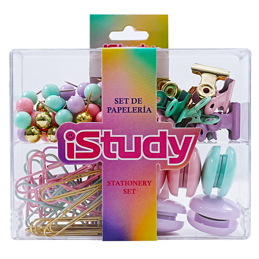 Set de escritorio iStudy colores pastel. Incluye: 30 clips + 10 ganchos + 10 imanes + 50 tachuelas. Todo lo esencial para organizar el escritorio en tonos pastel modernos. Ideal para escuela y oficina.