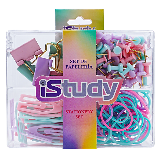 Set de escritorio iStudy colores pastel. Incluye: 30 clips + 5 ganchos + 50 hules + 80 tachuelas. Variedad de accesorios en tonos pastel para mantener el escritorio organizado con estilo.