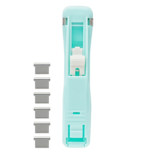 Mini sujetador iStudy con 6 clips incluidos en colores pastel (verde menta, morado, rosado). Dispensador compacto que mantiene los clips organizados. Diseño decorativo para el escritorio.