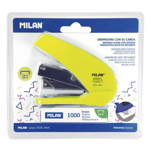 Engrapadora Milan Energy Saving serie Acid en color amarillo, incluye 1000 grapas. Sistema de ahorro de energía que reduce el esfuerzo de engrapado. Diseño moderno en tono amarillo ácido. Compatible con grapas estándar.