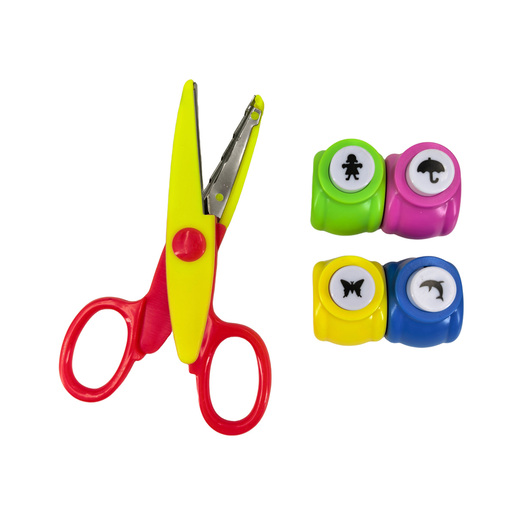 Set Johnshen de tijeras para manualidades y 3 perforadores con diseño decorativo. Incluye tijeras y 3 sacabocados con diferentes formas. Ideal para scrapbooking, manualidades y proyectos creativos.