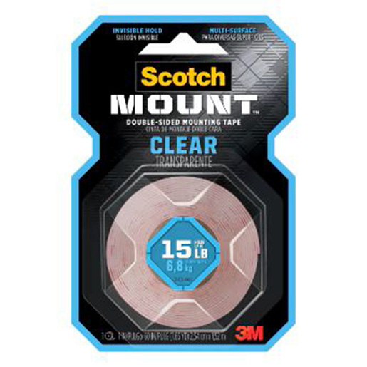 Cinta de montaje marca Scotch de doble cara con adhesivo de alta resistencia. Fija objetos a paredes, vidrios y superficies lisas sin clavos ni tornillos, soportando hasta varios kilos de peso.