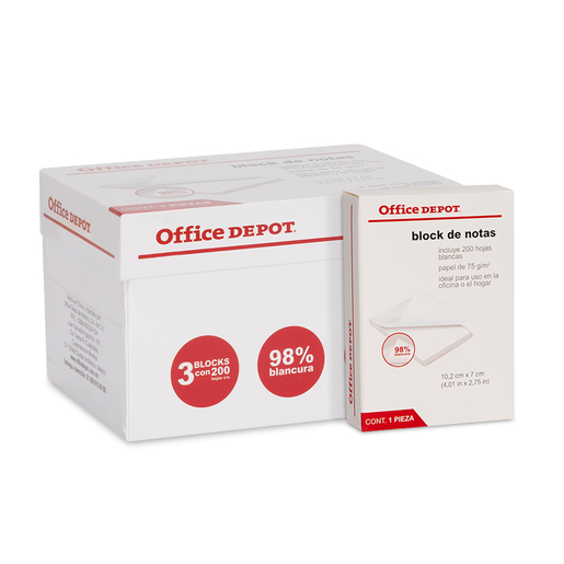 Cubo de notas marca Office Depot con hojas para recados, recordatorios y listas. Diseno compacto para escritorio que mantiene todo organizado al alcance.