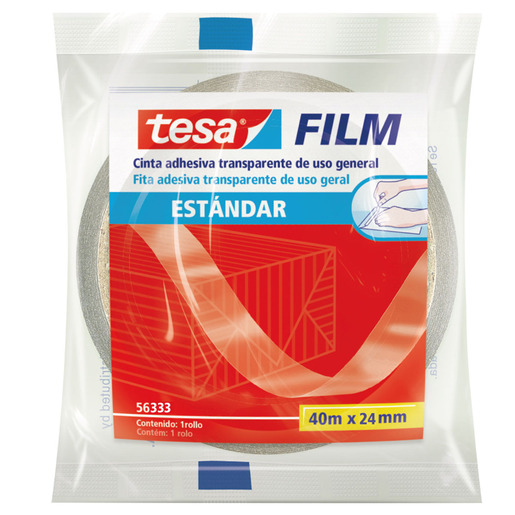 Cinta adhesiva marca tesa de uso diario en oficina, escuela y hogar. Transparente y de adhesion firme sobre papel, carton y empaques. Compatible con dispensadores estandar.