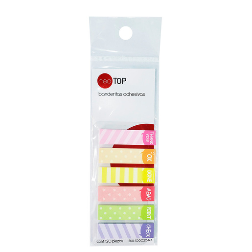 Banderitas adhesivas marca Red Top para senalar, clasificar y organizar documentos, libros y apuntes. Reposicionables, no danan el papel y resaltan informacion clave. Ideales para estudio, oficina y p