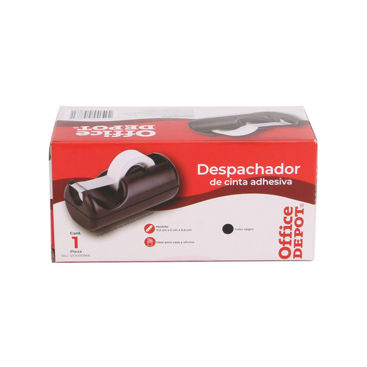 Dispensador de cinta marca Office Depot con base estable y corte limpio. Permite usar la cinta con una sola mano, perfecto para escritorio, oficina y zona de empaque.