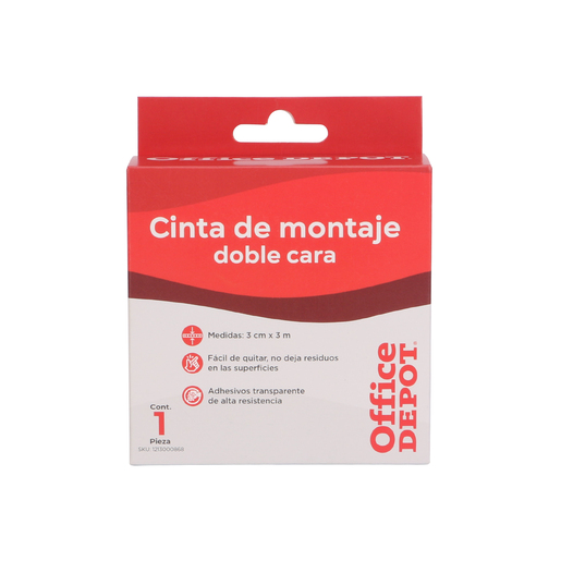 Cinta doble cara marca Office Depot con adhesivo en ambos lados. Pegado limpio e invisible para manualidades, decoracion, scrapbook y montaje de objetos ligeros en superficies lisas.