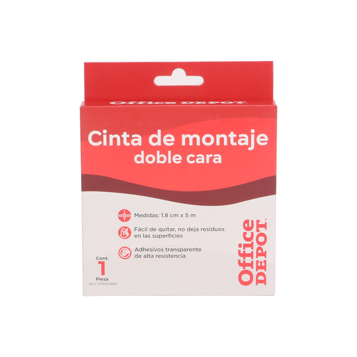 Cinta doble cara marca Office Depot con adhesivo en ambos lados. Pegado limpio e invisible para manualidades, decoracion, scrapbook y montaje de objetos ligeros en superficies lisas.
