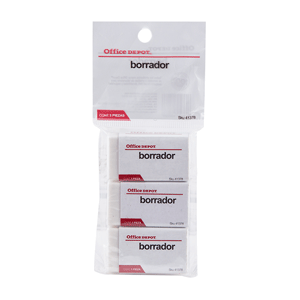 Borrador marca Office Depot de goma suave que elimina trazos de lapiz sin maltratar el papel. Ideal para escuela, oficina y dibujo.