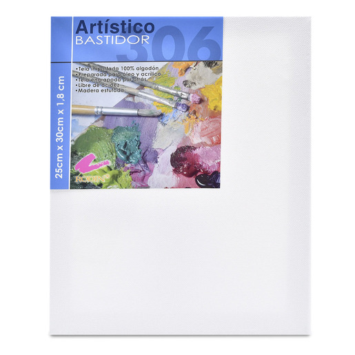 Lienzo / bastidor de 25×30 cm con tela imprimada lista para pintar. Estructura resistente para acrílico, óleo y técnicas mixtas.